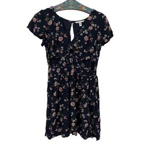 American Eagle Floral Short Dress Black Waist Cut Outs Size Medium V-Neck